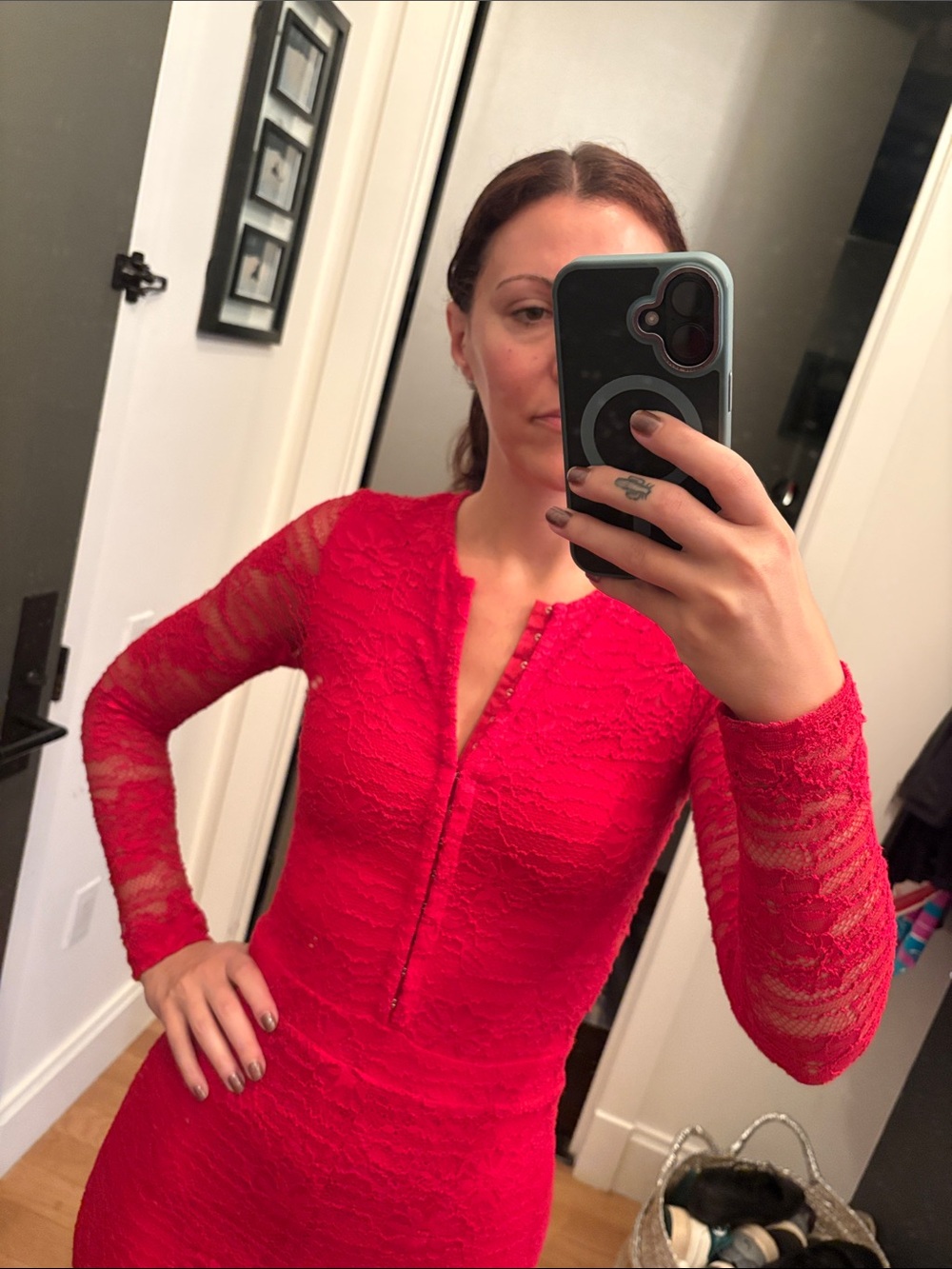 Nightcap Red Lace Long-Sleeve Sheath Dress